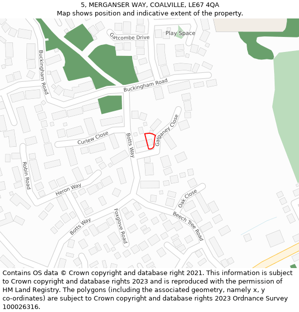 5, MERGANSER WAY, COALVILLE, LE67 4QA: Location map and indicative extent of plot