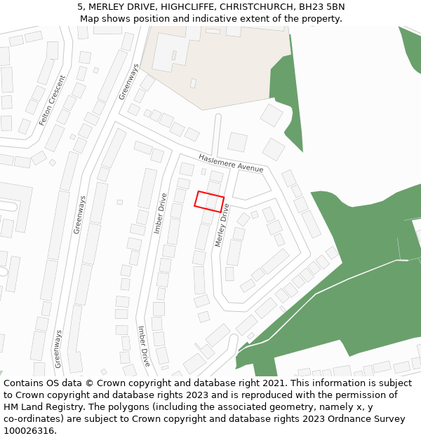 5, MERLEY DRIVE, HIGHCLIFFE, CHRISTCHURCH, BH23 5BN: Location map and indicative extent of plot