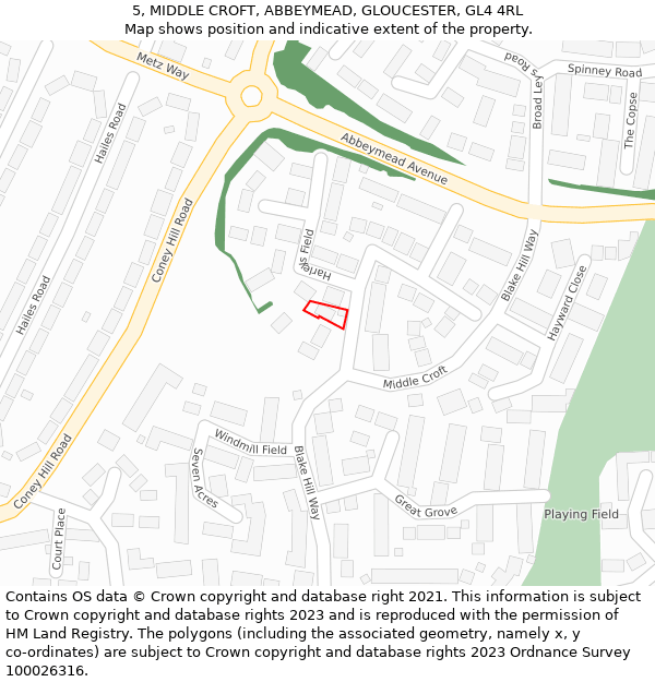 5, MIDDLE CROFT, ABBEYMEAD, GLOUCESTER, GL4 4RL: Location map and indicative extent of plot