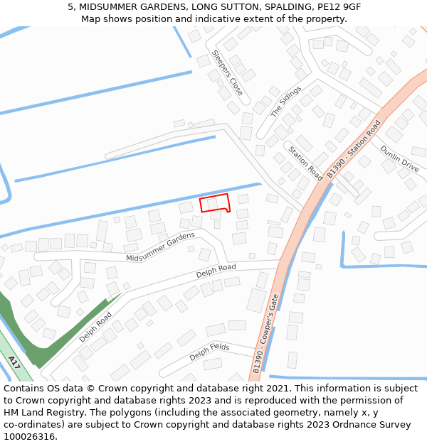 5, MIDSUMMER GARDENS, LONG SUTTON, SPALDING, PE12 9GF: Location map and indicative extent of plot