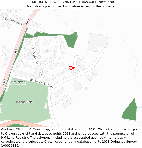 5, MILFRAEN VIEW, BRYNMAWR, EBBW VALE, NP23 4GB: Location map and indicative extent of plot