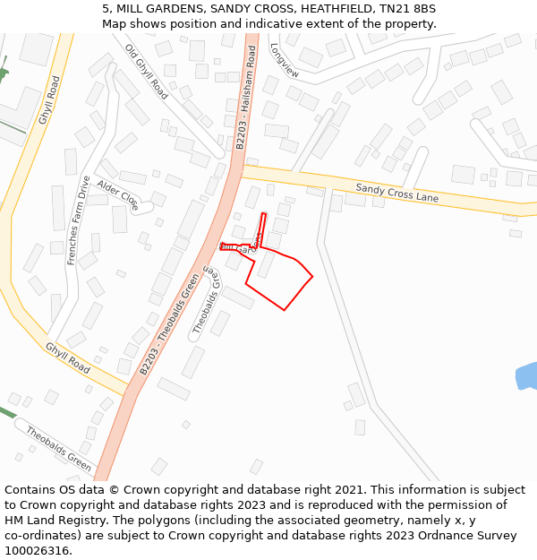 5, MILL GARDENS, SANDY CROSS, HEATHFIELD, TN21 8BS: Location map and indicative extent of plot