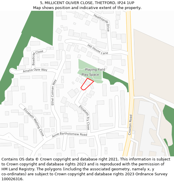 5, MILLICENT OLIVER CLOSE, THETFORD, IP24 1UP: Location map and indicative extent of plot