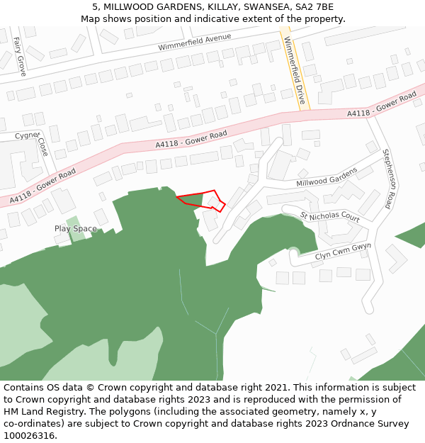 5, MILLWOOD GARDENS, KILLAY, SWANSEA, SA2 7BE: Location map and indicative extent of plot