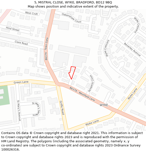 5, MISTRAL CLOSE, WYKE, BRADFORD, BD12 9BQ: Location map and indicative extent of plot