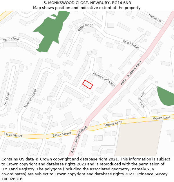 5, MONKSWOOD CLOSE, NEWBURY, RG14 6NR: Location map and indicative extent of plot