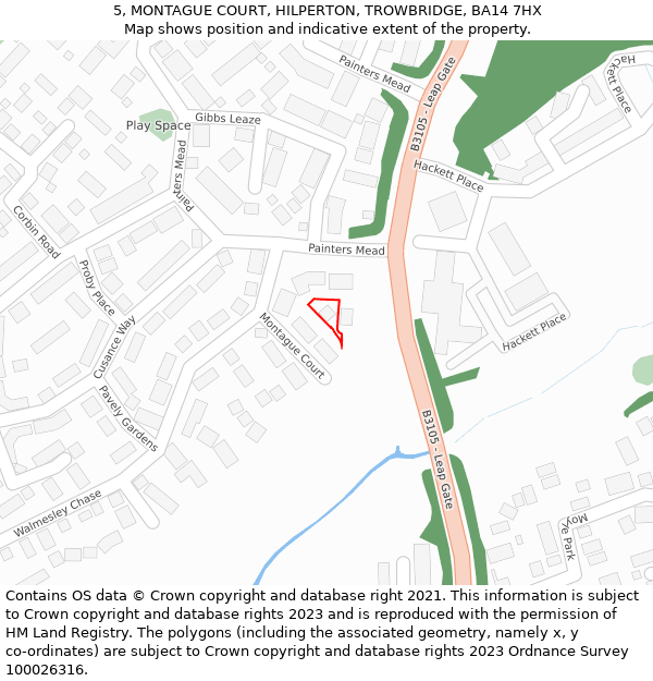 5, MONTAGUE COURT, HILPERTON, TROWBRIDGE, BA14 7HX: Location map and indicative extent of plot