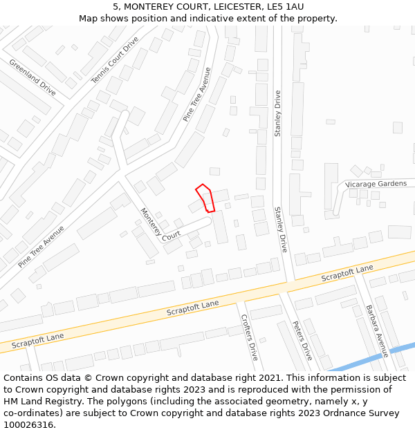 5, MONTEREY COURT, LEICESTER, LE5 1AU: Location map and indicative extent of plot