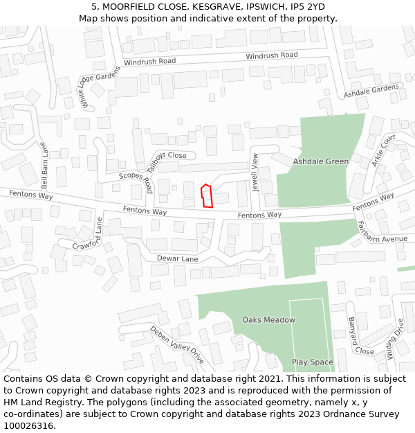 5, MOORFIELD CLOSE, KESGRAVE, IPSWICH, IP5 2YD: Location map and indicative extent of plot