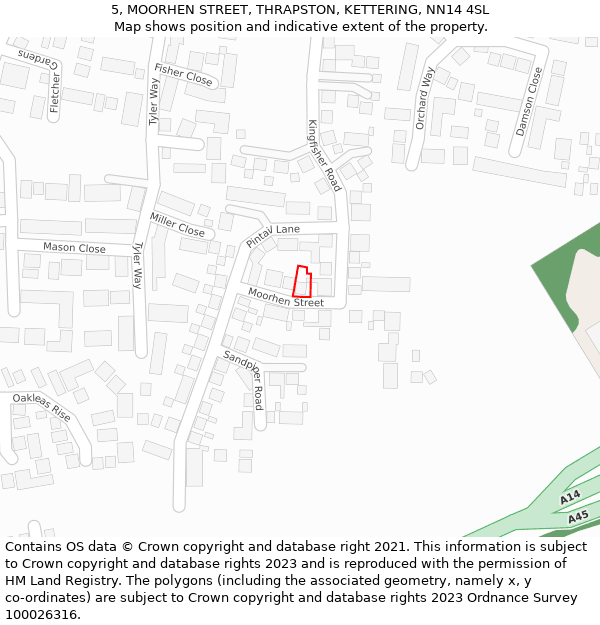 5, MOORHEN STREET, THRAPSTON, KETTERING, NN14 4SL: Location map and indicative extent of plot