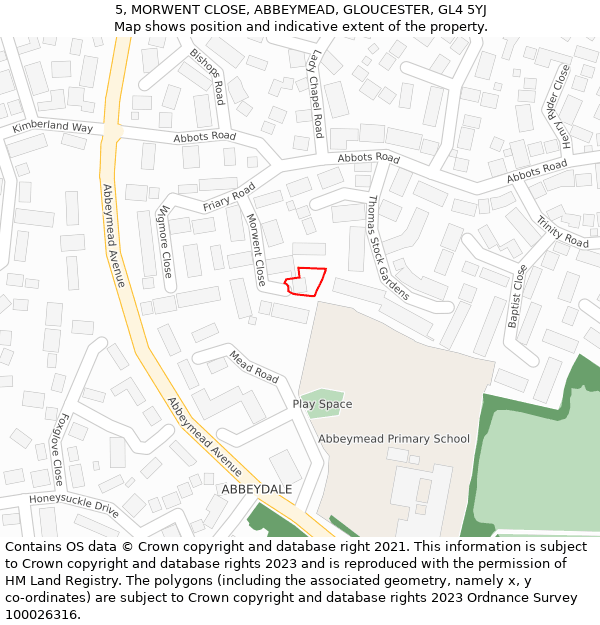 5, MORWENT CLOSE, ABBEYMEAD, GLOUCESTER, GL4 5YJ: Location map and indicative extent of plot