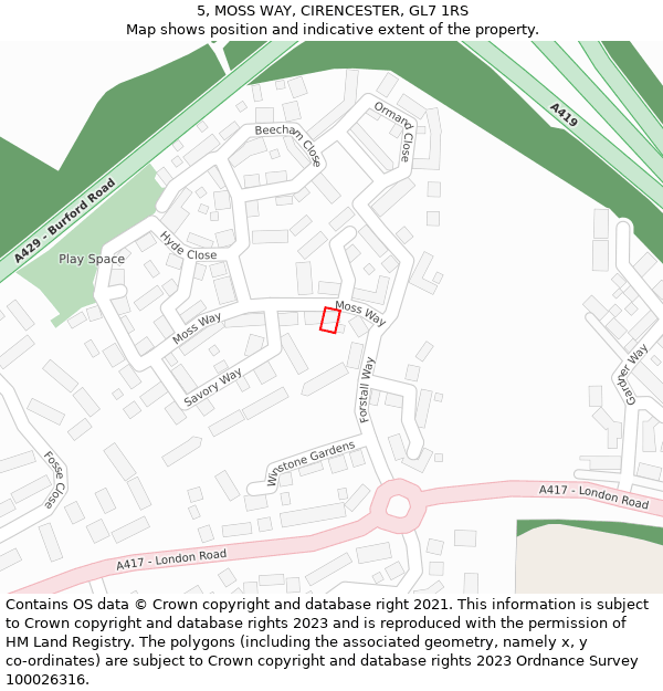 5, MOSS WAY, CIRENCESTER, GL7 1RS: Location map and indicative extent of plot