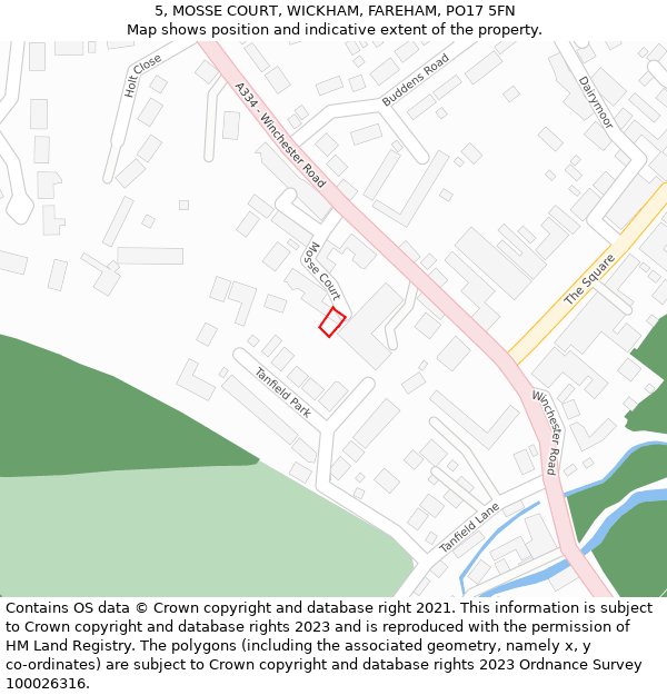 5, MOSSE COURT, WICKHAM, FAREHAM, PO17 5FN: Location map and indicative extent of plot