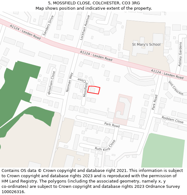 5, MOSSFIELD CLOSE, COLCHESTER, CO3 3RG: Location map and indicative extent of plot