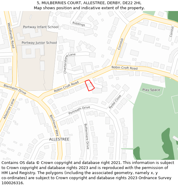 5, MULBERRIES COURT, ALLESTREE, DERBY, DE22 2HL: Location map and indicative extent of plot