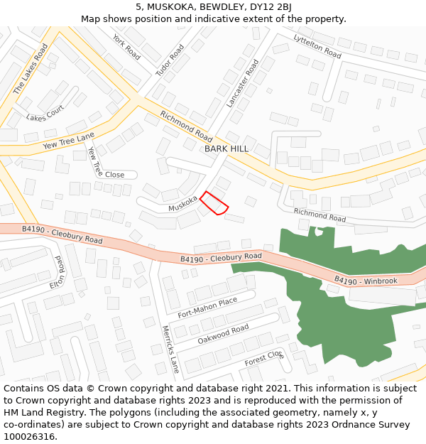 5, MUSKOKA, BEWDLEY, DY12 2BJ: Location map and indicative extent of plot