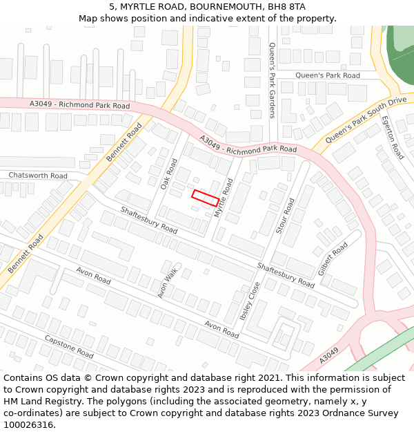 5, MYRTLE ROAD, BOURNEMOUTH, BH8 8TA: Location map and indicative extent of plot