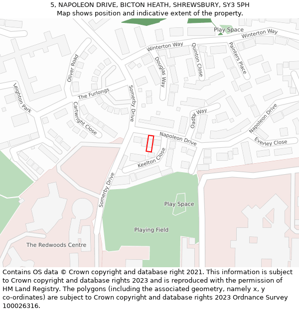 5, NAPOLEON DRIVE, BICTON HEATH, SHREWSBURY, SY3 5PH: Location map and indicative extent of plot