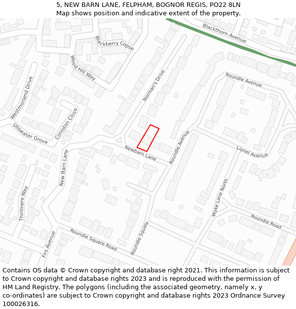 5, NEW BARN LANE, FELPHAM, BOGNOR REGIS, PO22 8LN: Location map and indicative extent of plot