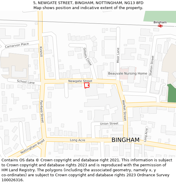 5, NEWGATE STREET, BINGHAM, NOTTINGHAM, NG13 8FD: Location map and indicative extent of plot