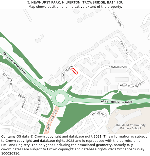 5, NEWHURST PARK, HILPERTON, TROWBRIDGE, BA14 7QU: Location map and indicative extent of plot