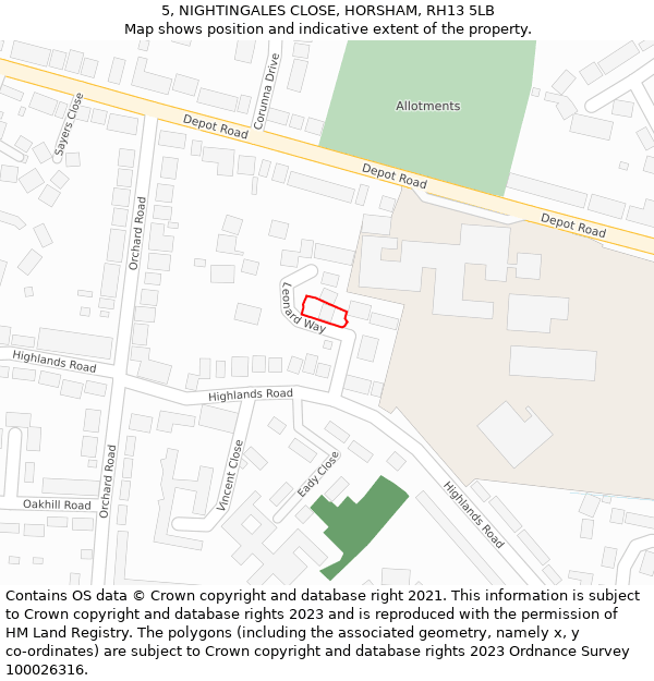 5, NIGHTINGALES CLOSE, HORSHAM, RH13 5LB: Location map and indicative extent of plot