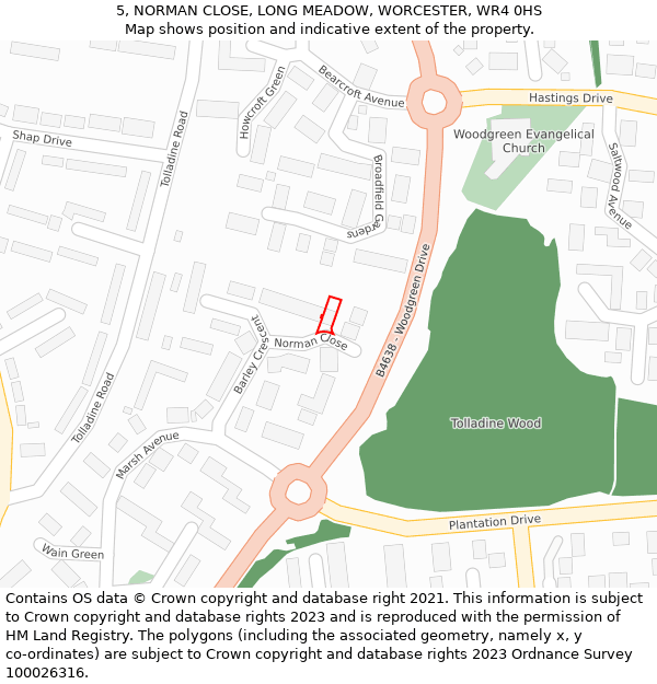 5, NORMAN CLOSE, LONG MEADOW, WORCESTER, WR4 0HS: Location map and indicative extent of plot