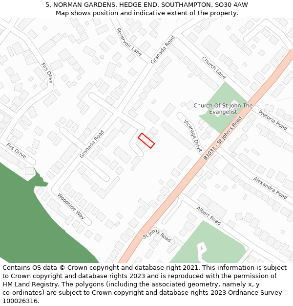 5, NORMAN GARDENS, HEDGE END, SOUTHAMPTON, SO30 4AW: Location map and indicative extent of plot