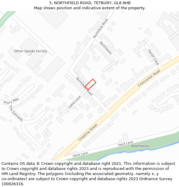 5, NORTHFIELD ROAD, TETBURY, GL8 8HB: Location map and indicative extent of plot