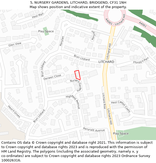 5, NURSERY GARDENS, LITCHARD, BRIDGEND, CF31 1NH: Location map and indicative extent of plot