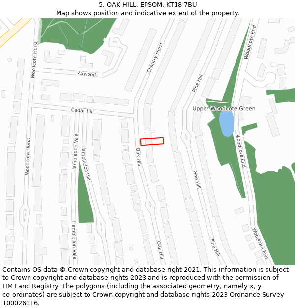 5, OAK HILL, EPSOM, KT18 7BU: Location map and indicative extent of plot