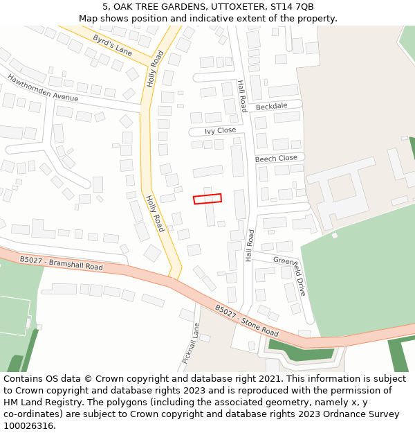 5, OAK TREE GARDENS, UTTOXETER, ST14 7QB: Location map and indicative extent of plot