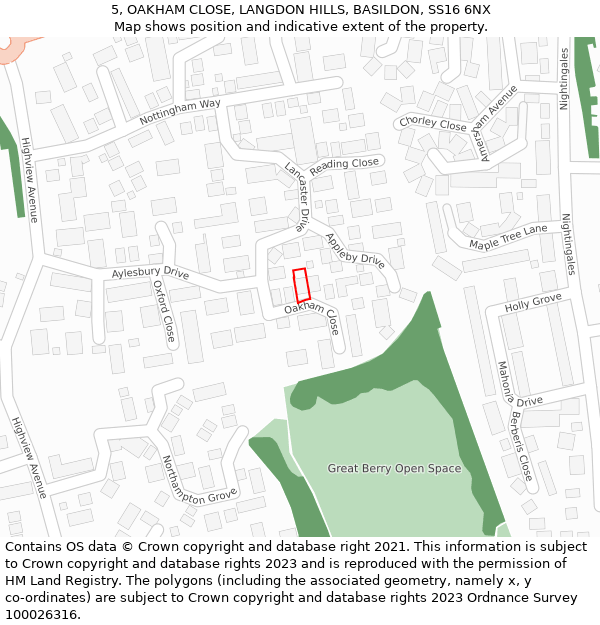 5, OAKHAM CLOSE, LANGDON HILLS, BASILDON, SS16 6NX: Location map and indicative extent of plot