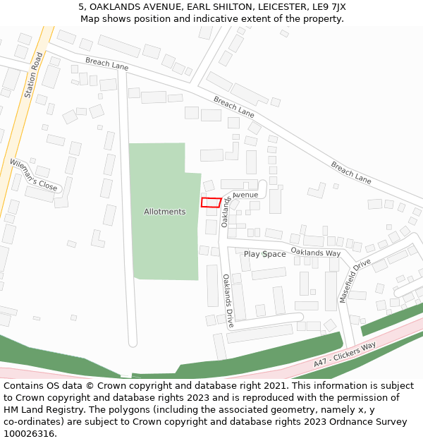 5, OAKLANDS AVENUE, EARL SHILTON, LEICESTER, LE9 7JX: Location map and indicative extent of plot