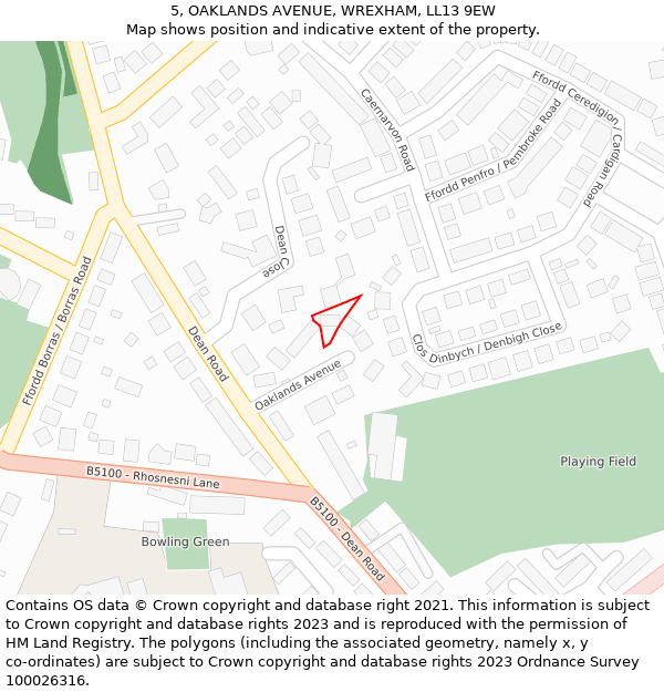 5, OAKLANDS AVENUE, WREXHAM, LL13 9EW: Location map and indicative extent of plot