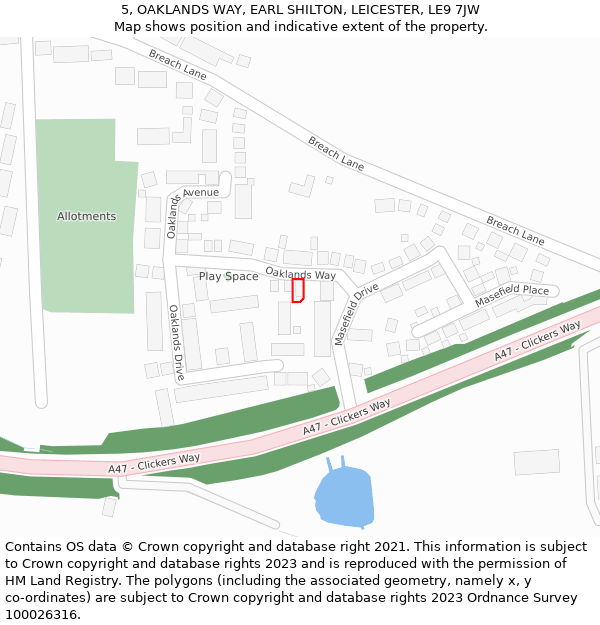 5, OAKLANDS WAY, EARL SHILTON, LEICESTER, LE9 7JW: Location map and indicative extent of plot