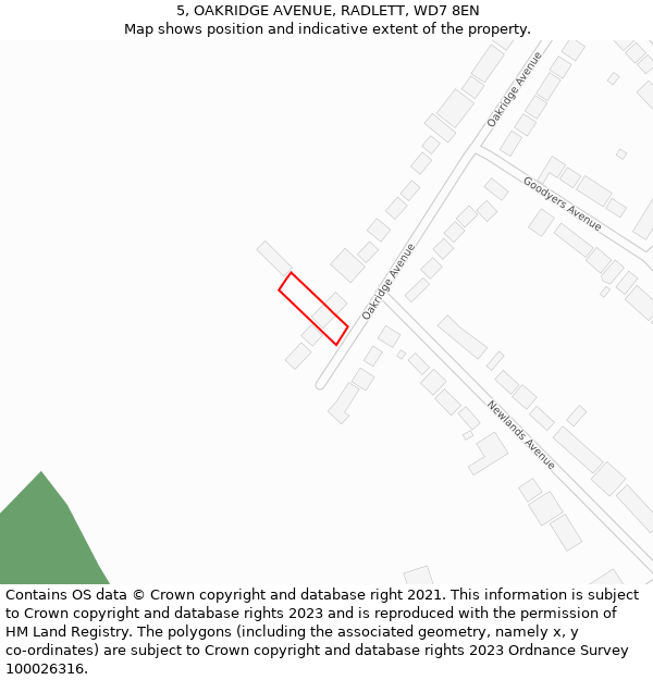 5, OAKRIDGE AVENUE, RADLETT, WD7 8EN: Location map and indicative extent of plot