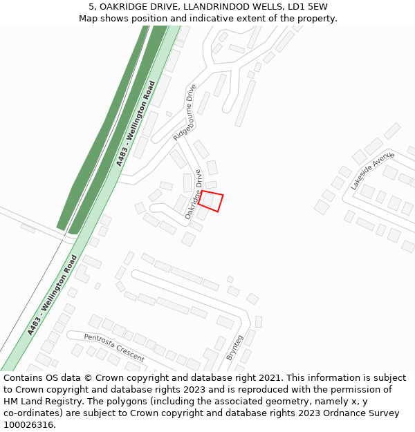 5, OAKRIDGE DRIVE, LLANDRINDOD WELLS, LD1 5EW: Location map and indicative extent of plot