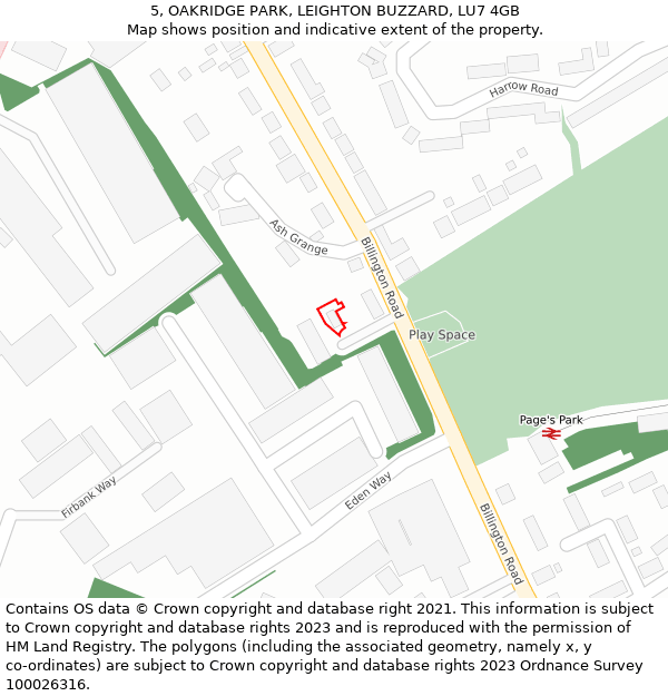 5, OAKRIDGE PARK, LEIGHTON BUZZARD, LU7 4GB: Location map and indicative extent of plot