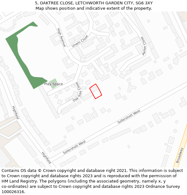 5, OAKTREE CLOSE, LETCHWORTH GARDEN CITY, SG6 3XY: Location map and indicative extent of plot