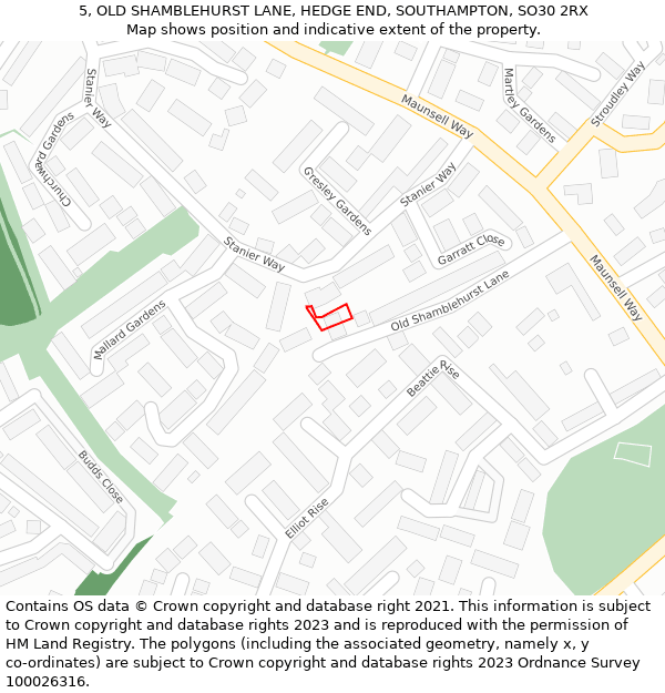 5, OLD SHAMBLEHURST LANE, HEDGE END, SOUTHAMPTON, SO30 2RX: Location map and indicative extent of plot