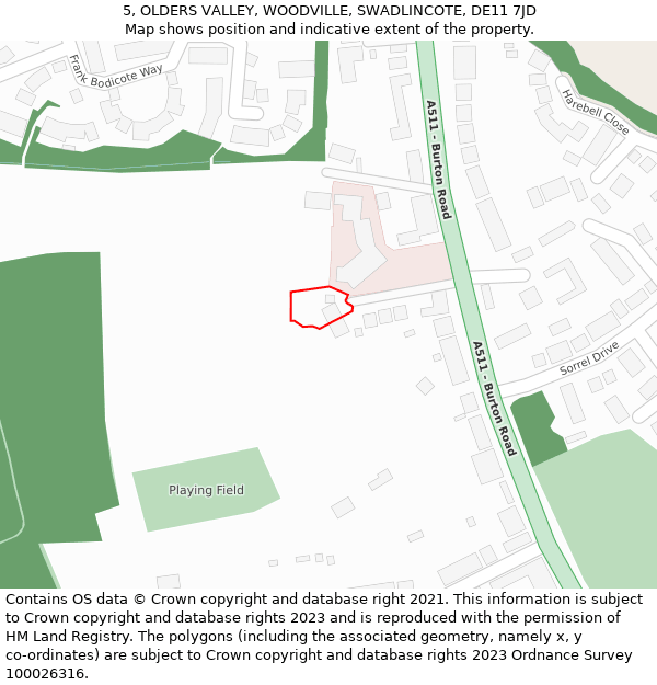 5, OLDERS VALLEY, WOODVILLE, SWADLINCOTE, DE11 7JD: Location map and indicative extent of plot