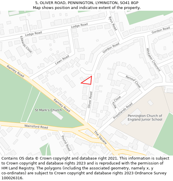 5, OLIVER ROAD, PENNINGTON, LYMINGTON, SO41 8GP: Location map and indicative extent of plot