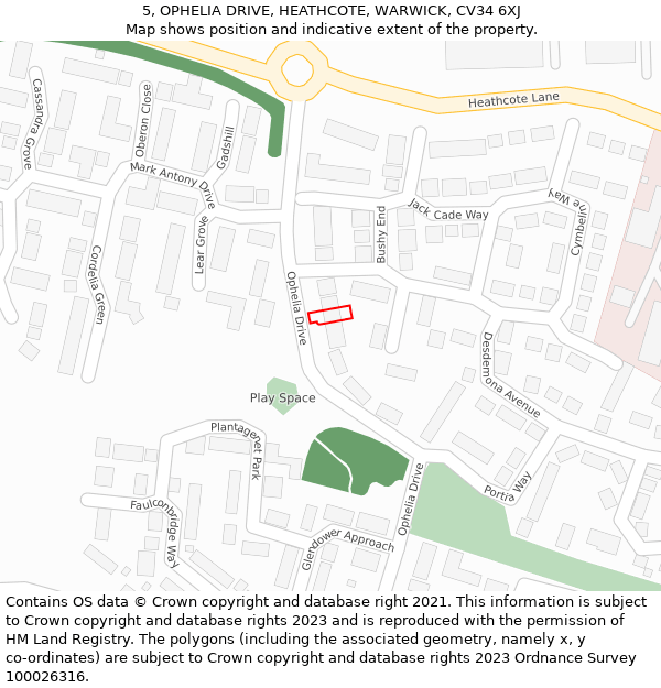 5, OPHELIA DRIVE, HEATHCOTE, WARWICK, CV34 6XJ: Location map and indicative extent of plot