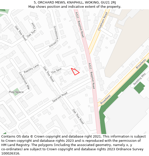 5, ORCHARD MEWS, KNAPHILL, WOKING, GU21 2RJ: Location map and indicative extent of plot