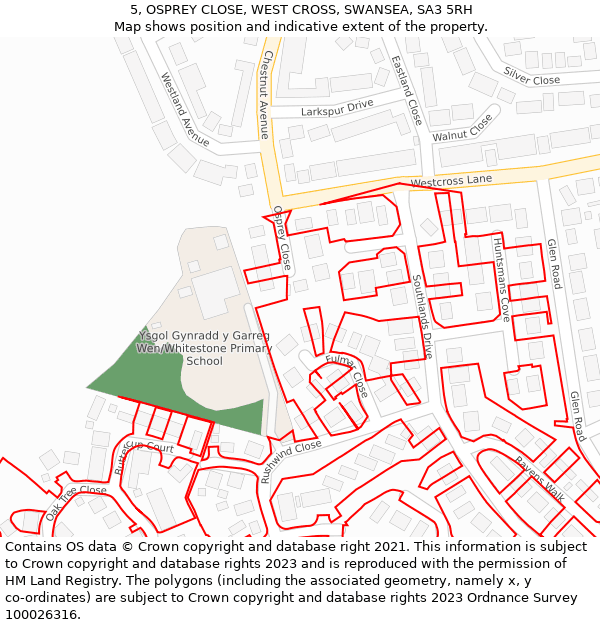 5, OSPREY CLOSE, WEST CROSS, SWANSEA, SA3 5RH: Location map and indicative extent of plot