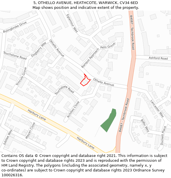 5, OTHELLO AVENUE, HEATHCOTE, WARWICK, CV34 6ED: Location map and indicative extent of plot