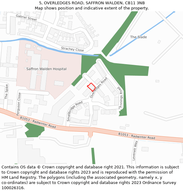 5, OVERLEDGES ROAD, SAFFRON WALDEN, CB11 3NB: Location map and indicative extent of plot