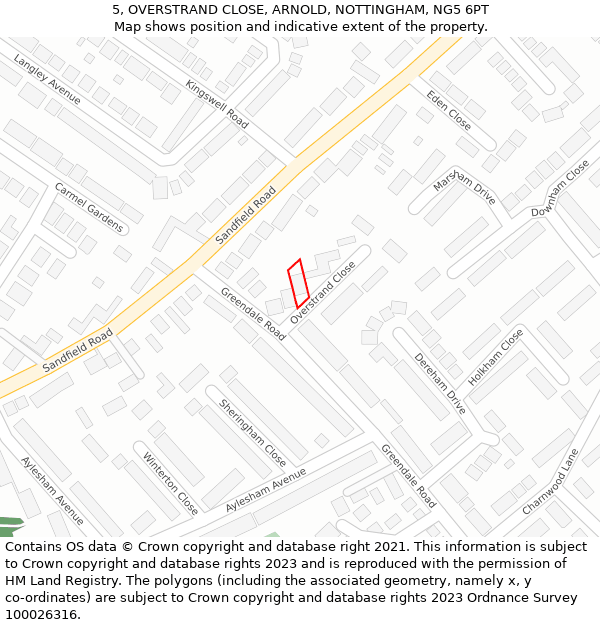 5, OVERSTRAND CLOSE, ARNOLD, NOTTINGHAM, NG5 6PT: Location map and indicative extent of plot