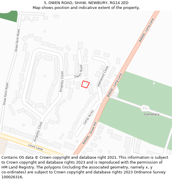 5, OWEN ROAD, SHAW, NEWBURY, RG14 2ED: Location map and indicative extent of plot